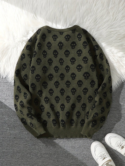 Unisex Pullover mit Totenkopfmuster Strick Rundhals Langarm Strickpullover