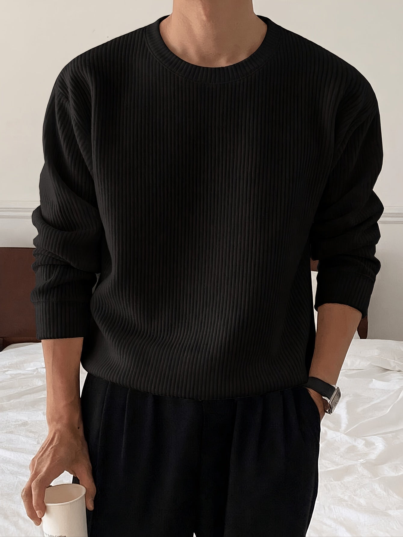 Gerippter Pullover Langarm Rundhalsausschnitt Freizeit Sweater für Herren – Weich & Bequem