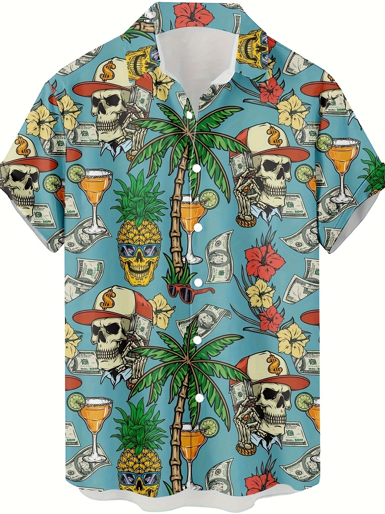 Herren Hawaii Hemd mit Totenkopf, Palmen und Cocktail Print – Extravaganter Freizeitstil für Urlaub & Strand