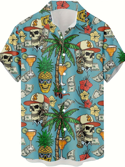 Herren Hawaii Hemd mit Totenkopf, Palmen und Cocktail Print – Extravaganter Freizeitstil für Urlaub & Strand