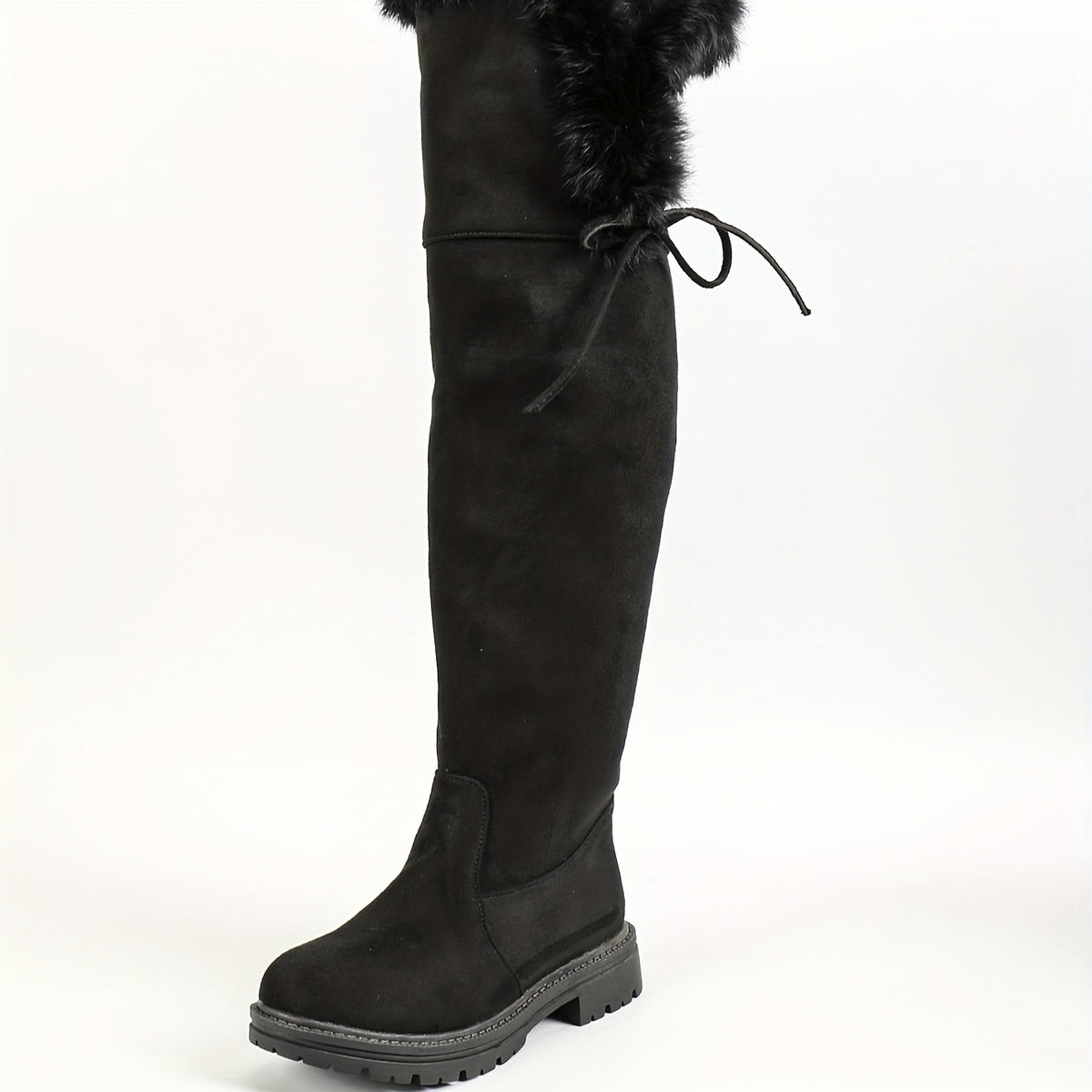 Damen Overknees Stiefel Schwarz mit Plüschbesatz Schnürung Blockabsatz