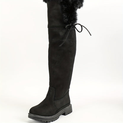 Damen Overknees Stiefel Schwarz mit Plüschbesatz Schnürung Blockabsatz