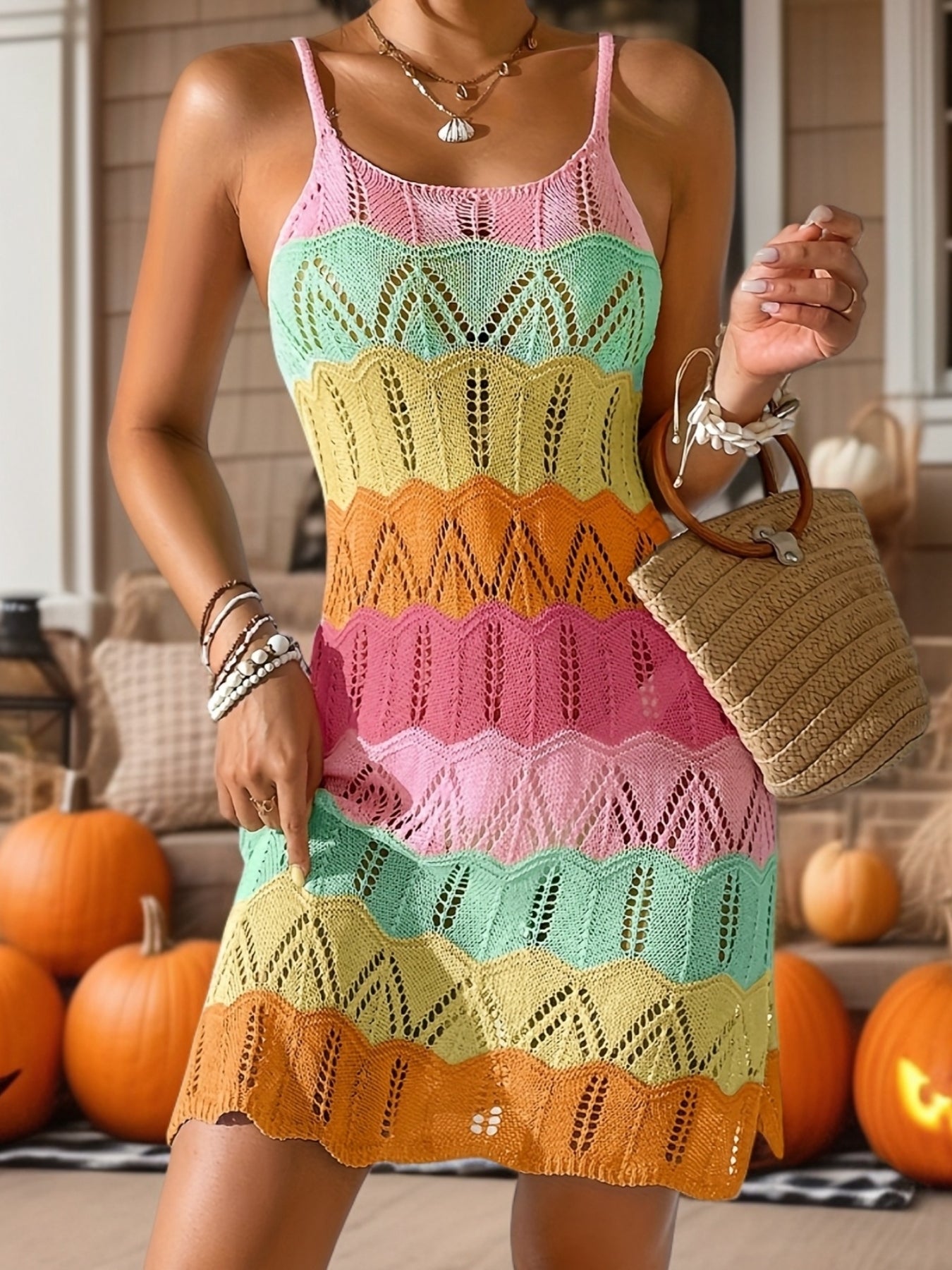 Damen Boho Häkel Minikleid mit Zickzackmuster für Urlaub und Freizeit