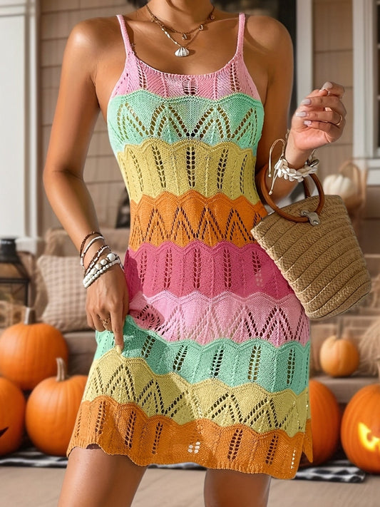 Damen Boho Häkel Minikleid mit Zickzackmuster für Urlaub und Freizeit