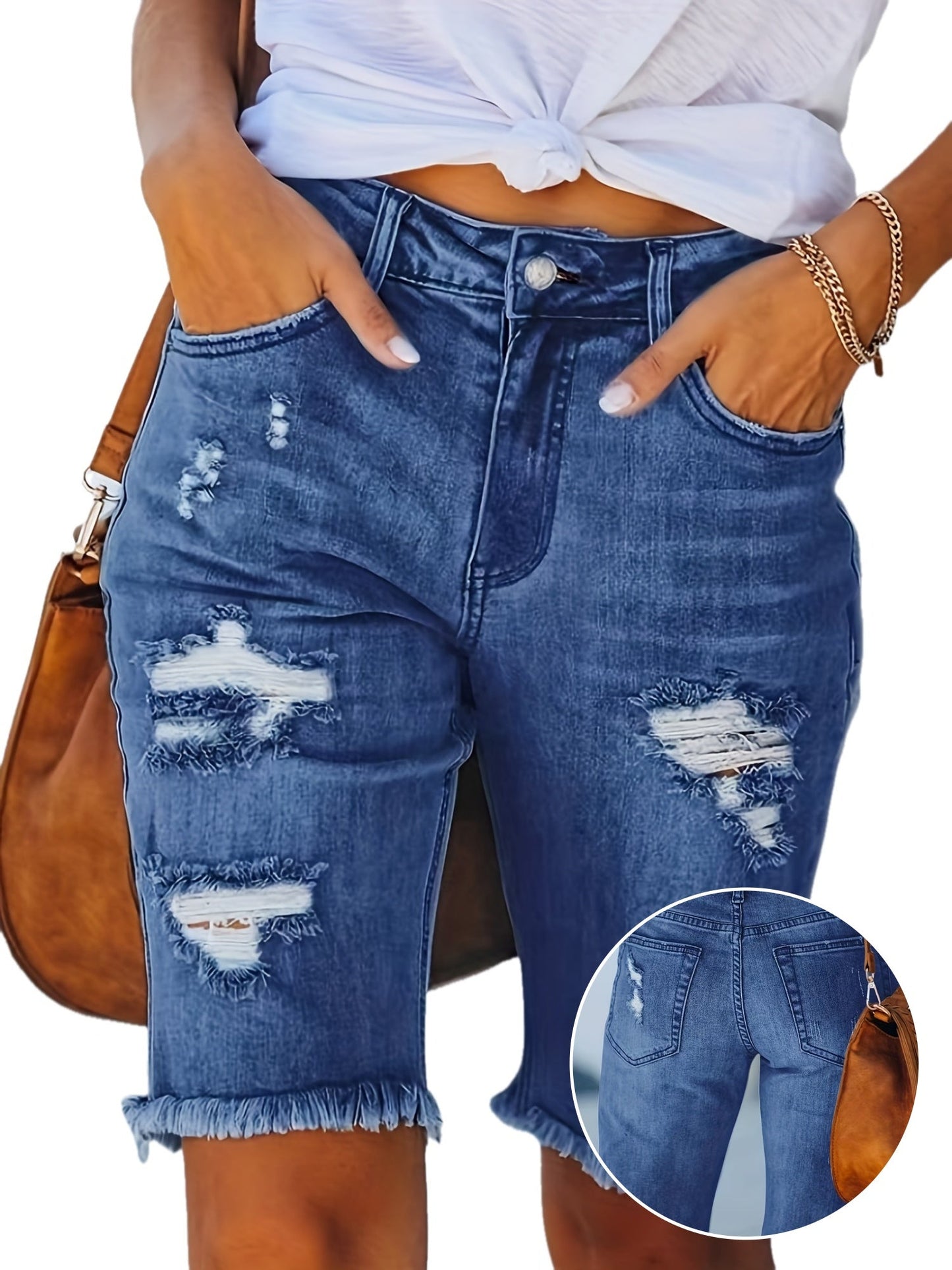 Damen Bermuda Jeans Shorts im Used-Look mit Fransen und Rissen – Lässige Sommermode