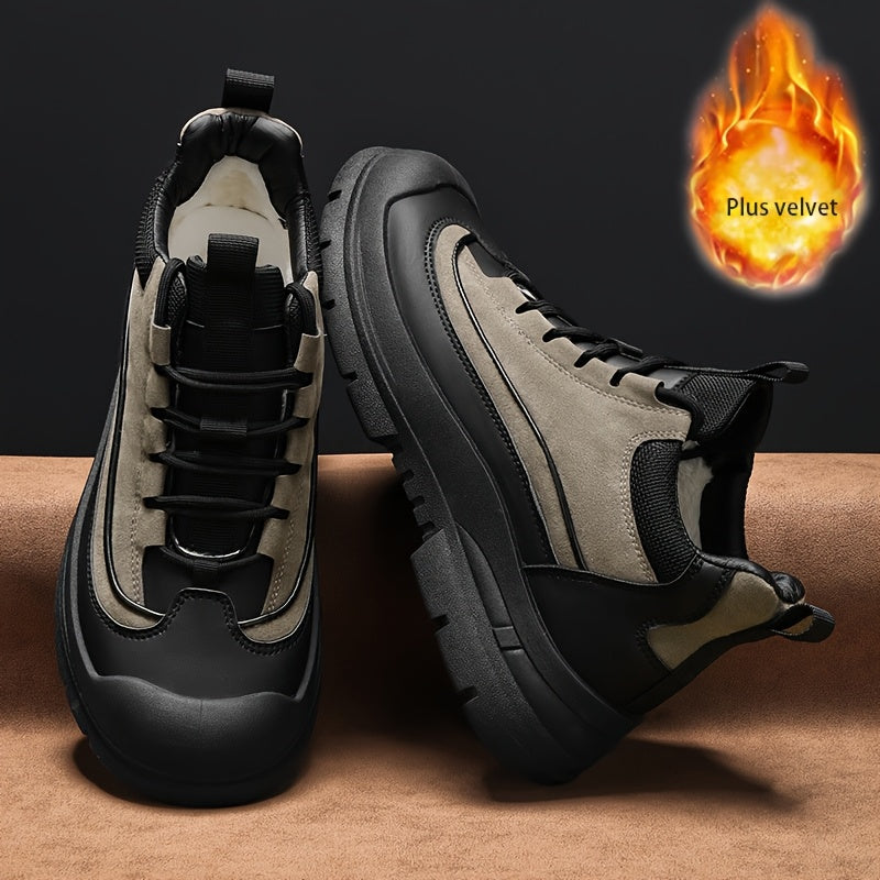 Unisex Sneaker mit dicker Sohle und Schnürung, Schwarz und Grau/Khaki