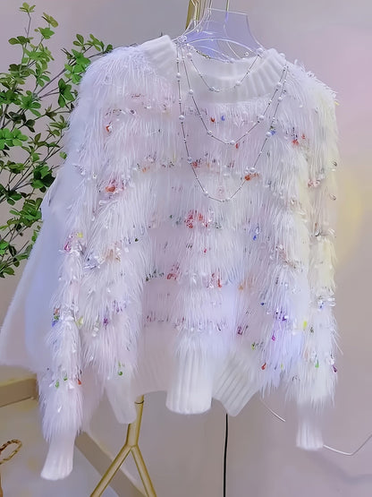 Weißer Flauschpullover mit mehrfarbigen Akzenten Damen