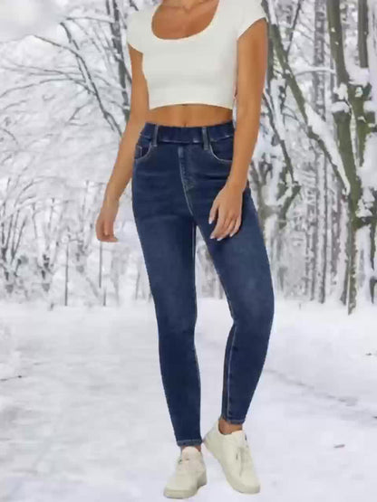 Damen Jeans Leggings mit Fleece-Futter – Dunkelblau, Stretch