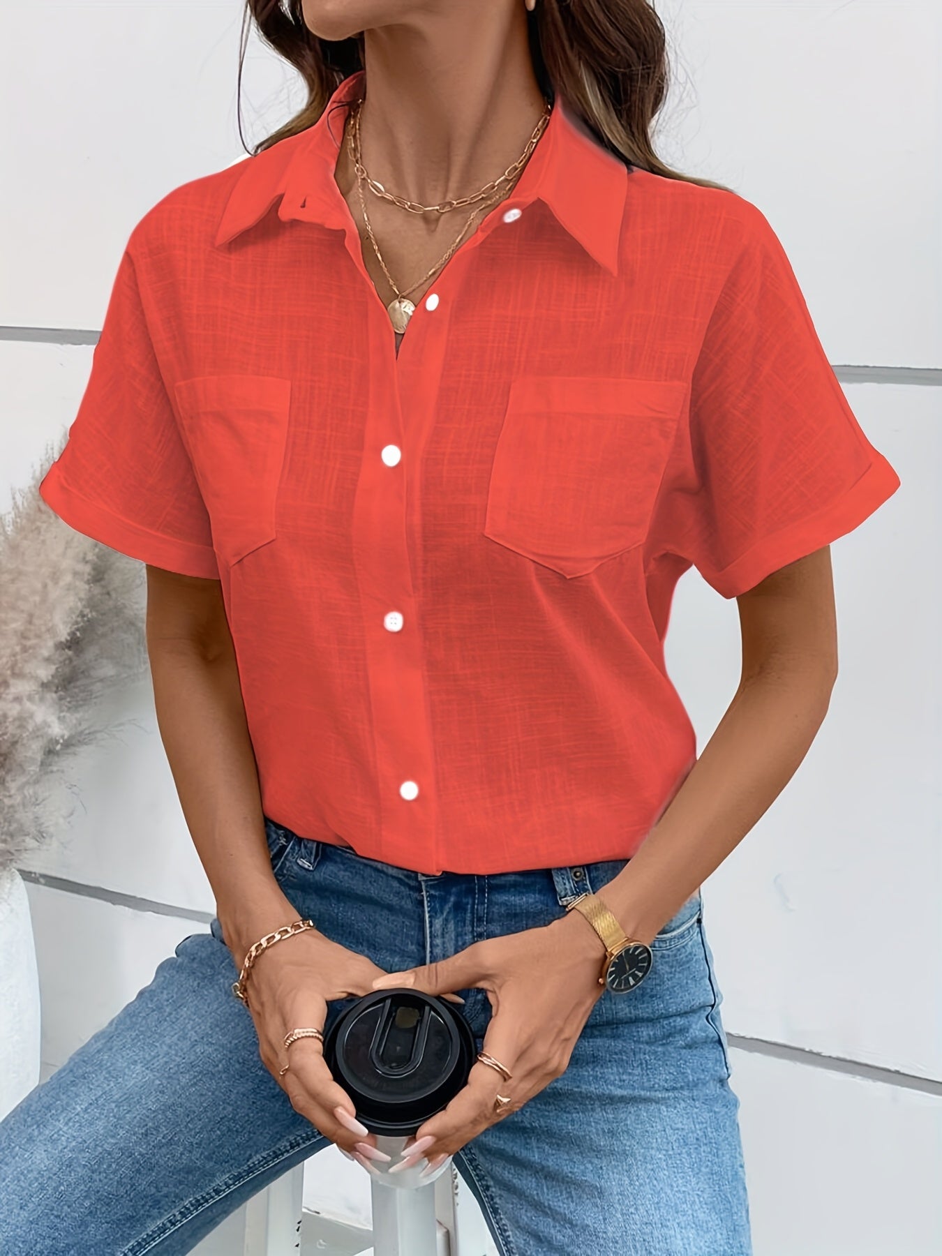 Damen Kurzarm Hemdbluse mit Vogelmuster – Modische Freizeitbluse für Alltag und Büro