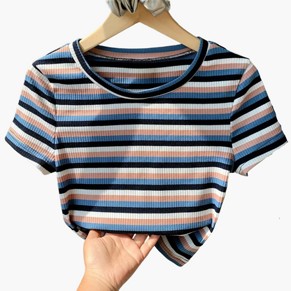 Damen Kurzarm Streifen T-Shirt – Retro Style für Alltag & Freizeit