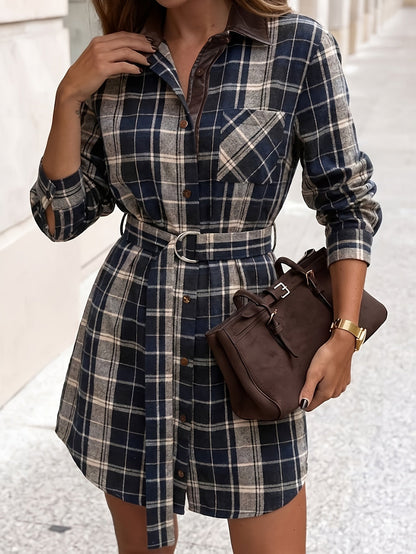 Damen Karo Hemdblusenkleid mit Gürtel Langarm