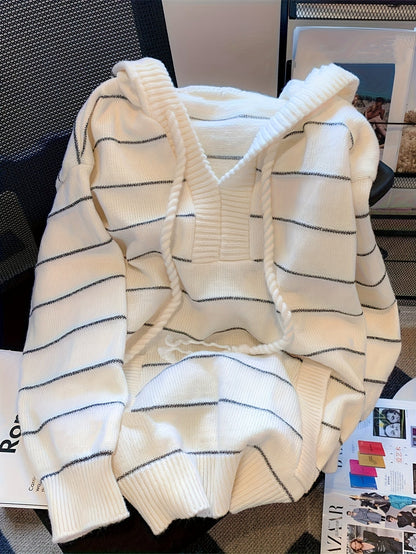 Damen Strickpullover mit Kapuze, gestreift, Cremeweiß
