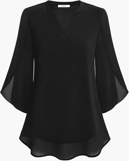 Damen-Bluse mit V-Ausschnitt und geschlitzten Glockenärmeln
