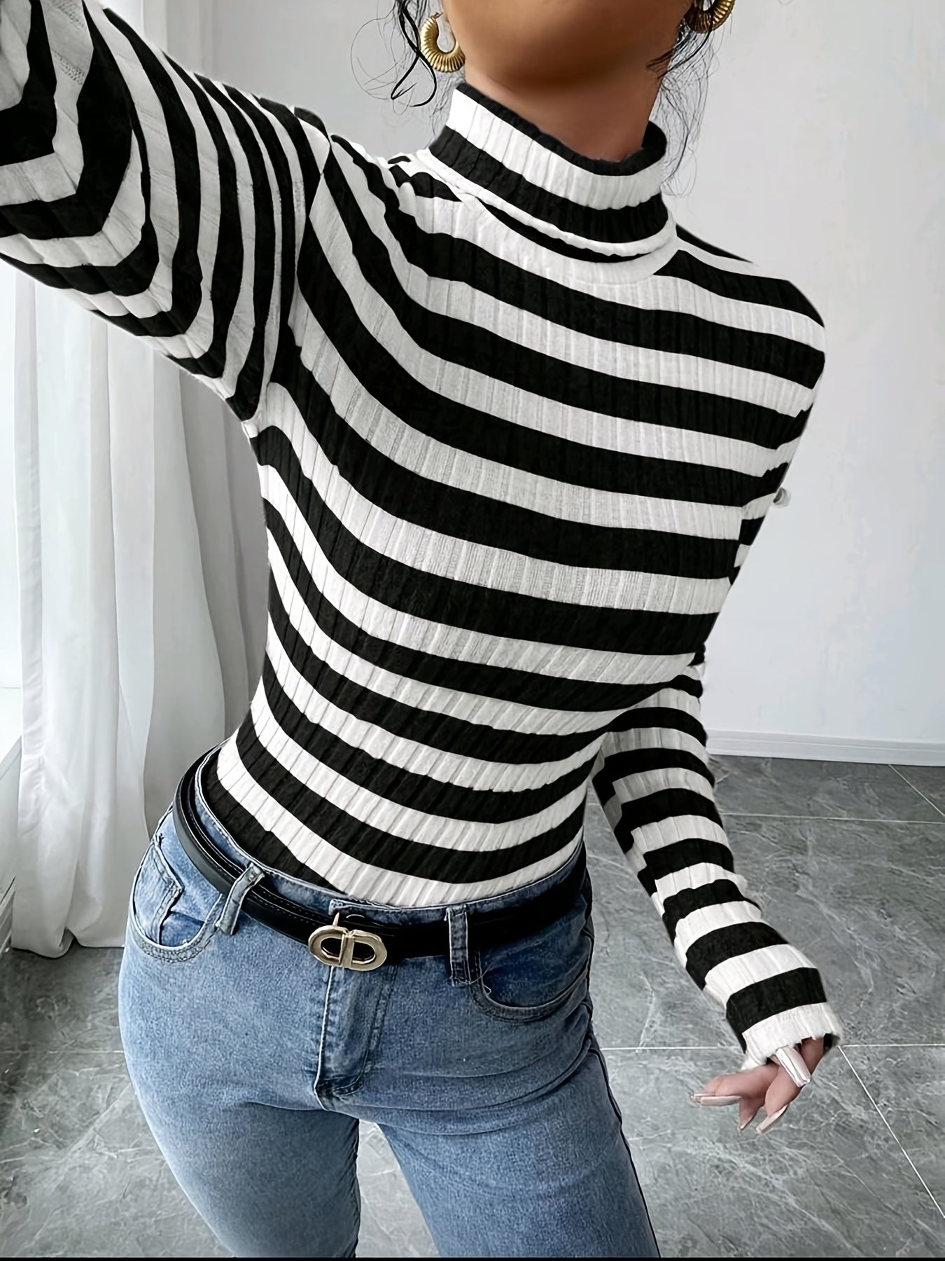 Damen Rollkragenpullover Gerippt Gestreift Langarm Oberteil
