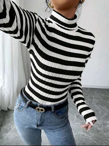 Damen Rollkragenpullover Gerippt Gestreift Langarm Oberteil