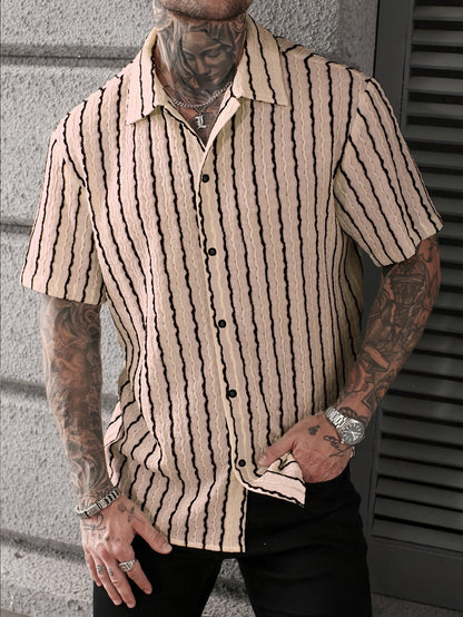 Herren Kurzarm Freizeithemd mit Knopfleiste und Retro-Streifen – Perfekt für Sommer & Freizeit
