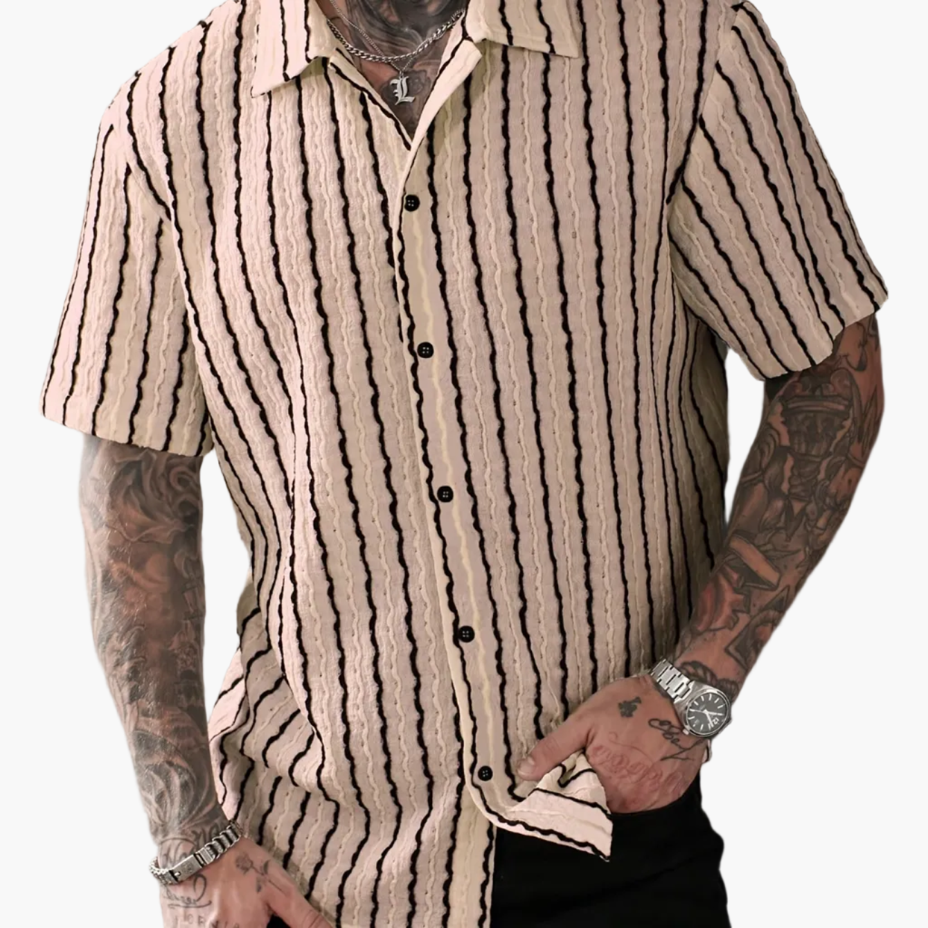 Herren Kurzarm Freizeithemd mit Knopfleiste und Retro-Streifen – Perfekt für Sommer & Freizeit