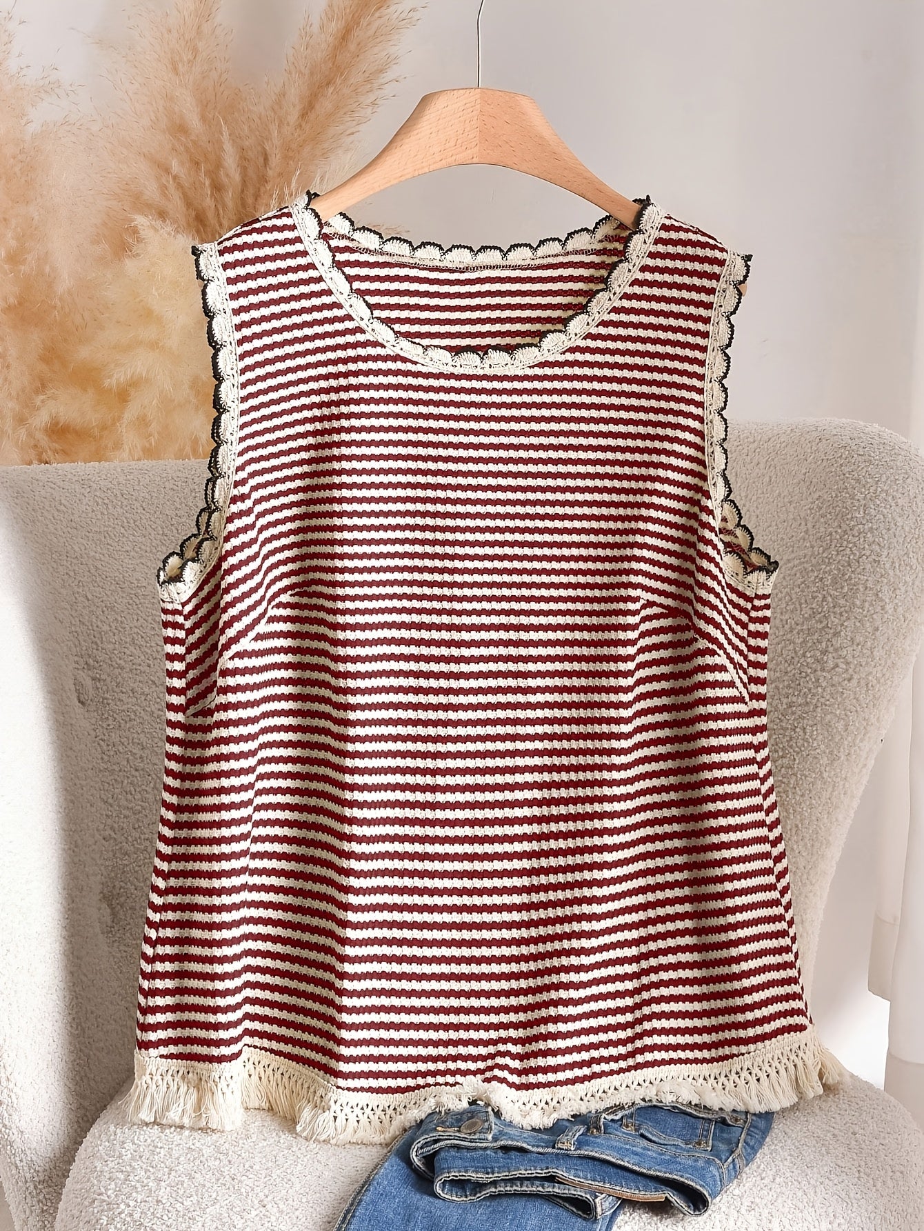 Damen Elegantes Strick-Tanktop mit Fransen und Streifen – Ideal für Frühling & Sommer
