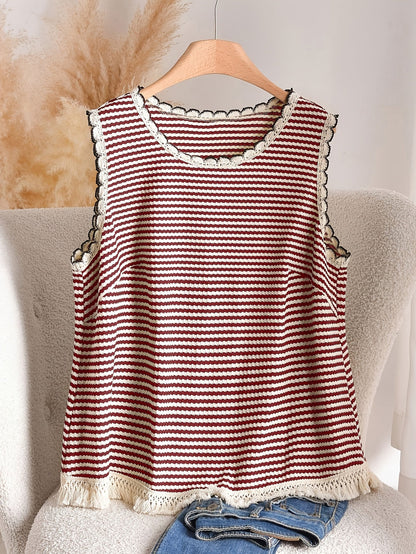 Damen Elegantes Strick-Tanktop mit Fransen und Streifen – Ideal für Frühling & Sommer