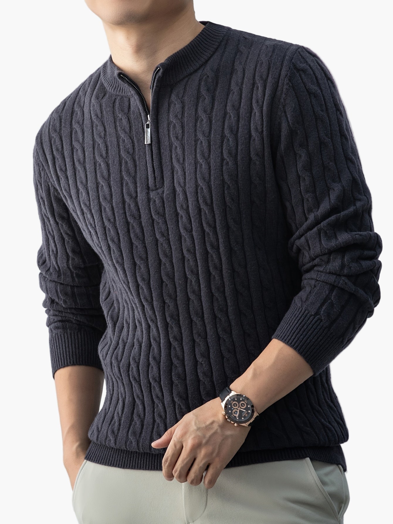 Herren Strickpullover mit Zopfmuster und Stehkragen – Eleganter Casual Look für Herbst und Winter