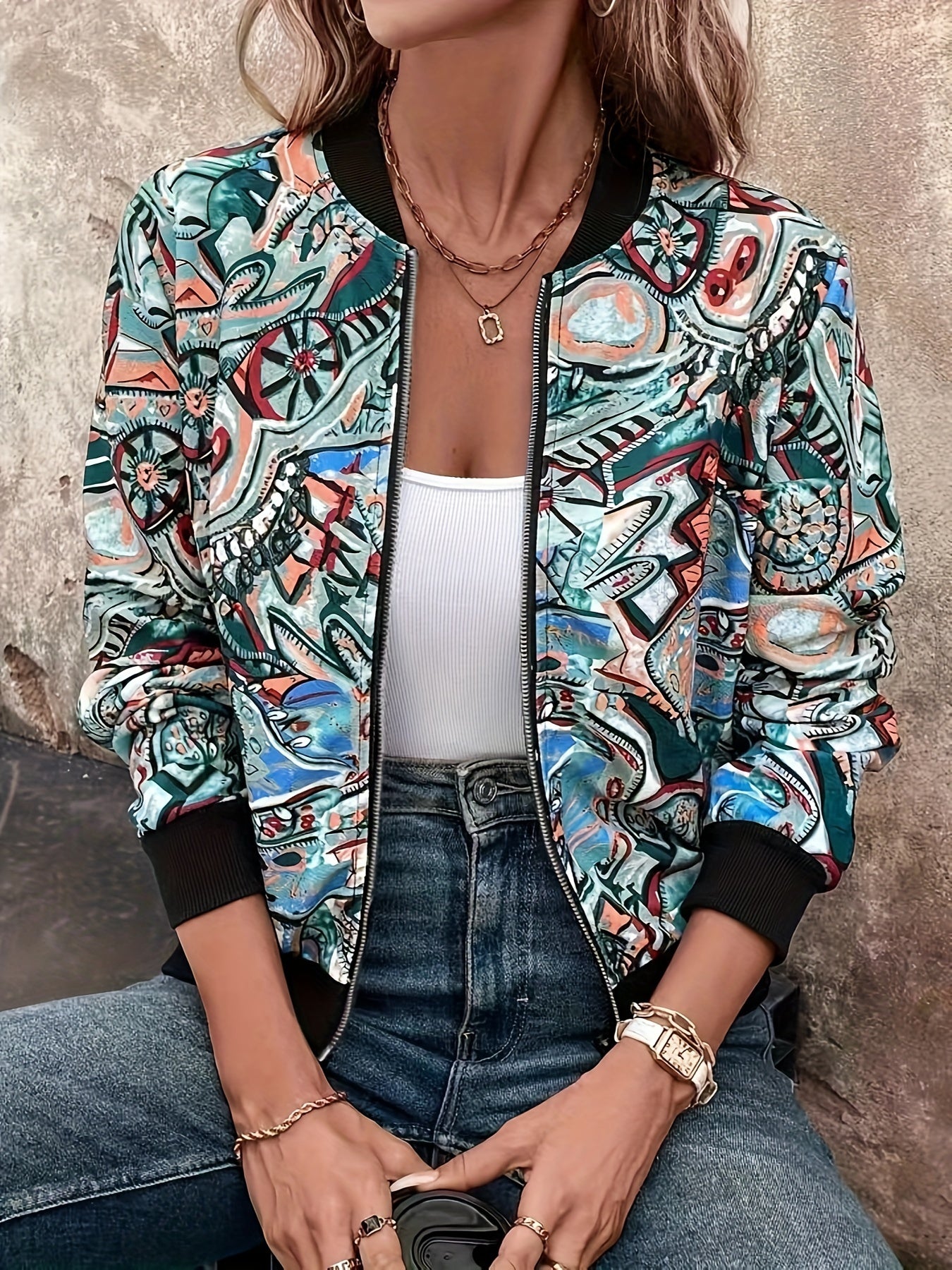 Damen Bomberjacke mit abstraktem Muster – Modischer Freizeit-Look für Alltag und Urlaub