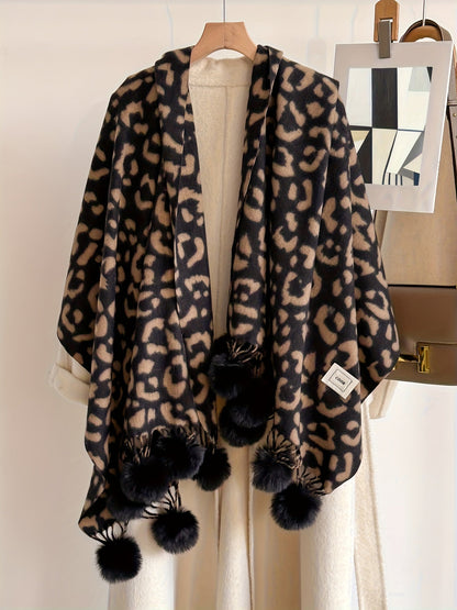 Damen Schal mit Leopardenmuster und Bommeln Weiches Material Animal Print Warmer Umhang