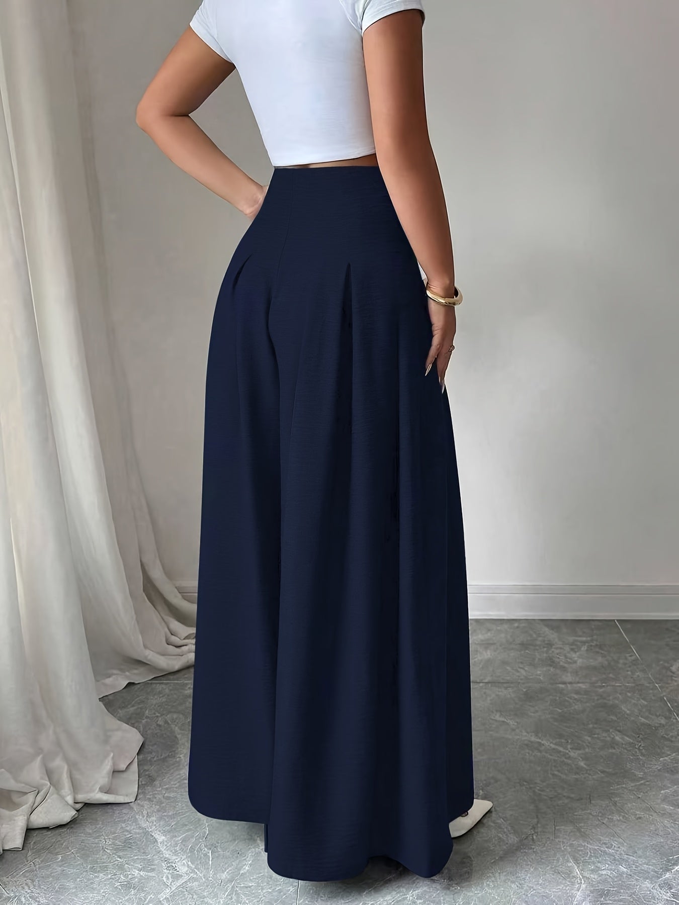 Damen Weitbeinige High-Waist Hose mit Knopfdetail und Eleganten Falten – Modische Business- und Freizeit-Hose