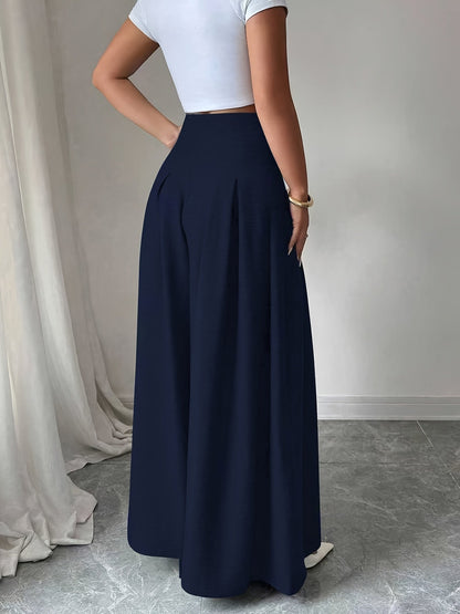 Damen Weitbeinige High-Waist Hose mit Knopfdetail und Eleganten Falten – Modische Business- und Freizeit-Hose
