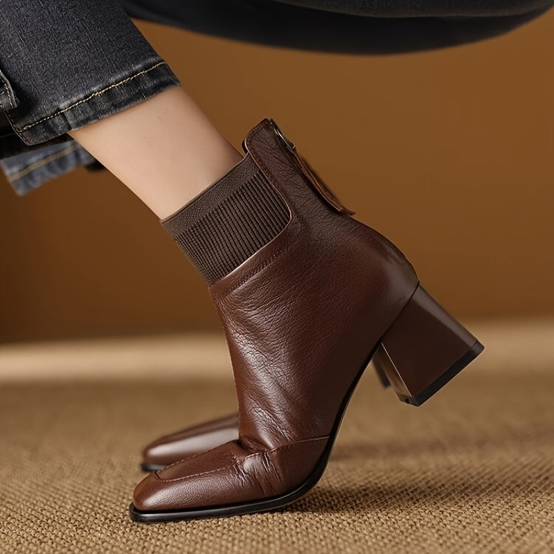 Damen Stiefelette mit Blockabsatz, quadratischer Spitze & geripptem Schaft