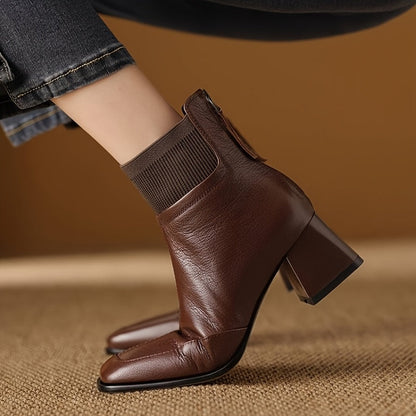 Damen Stiefelette mit Blockabsatz, quadratischer Spitze & geripptem Schaft