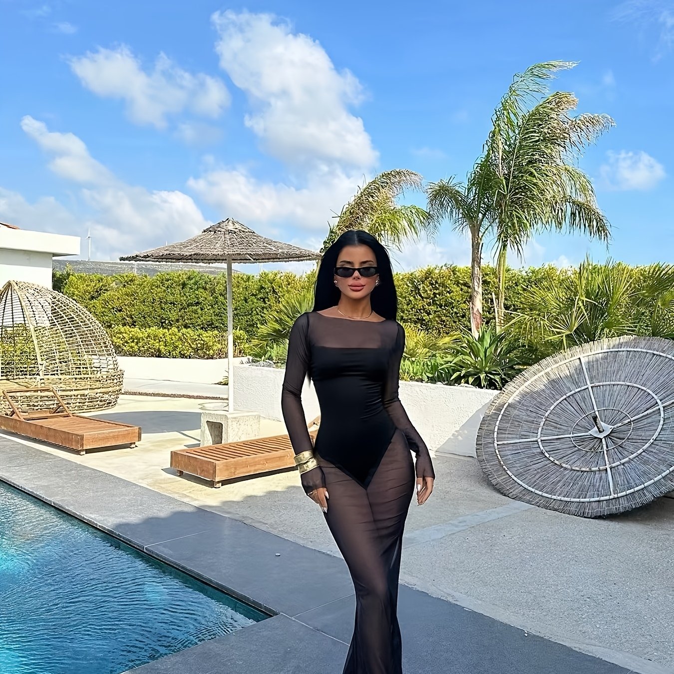 Damen Maxikleid Mesh Strand Cover-Up – Elegantes Figurbetontes Urlaubsoutfit