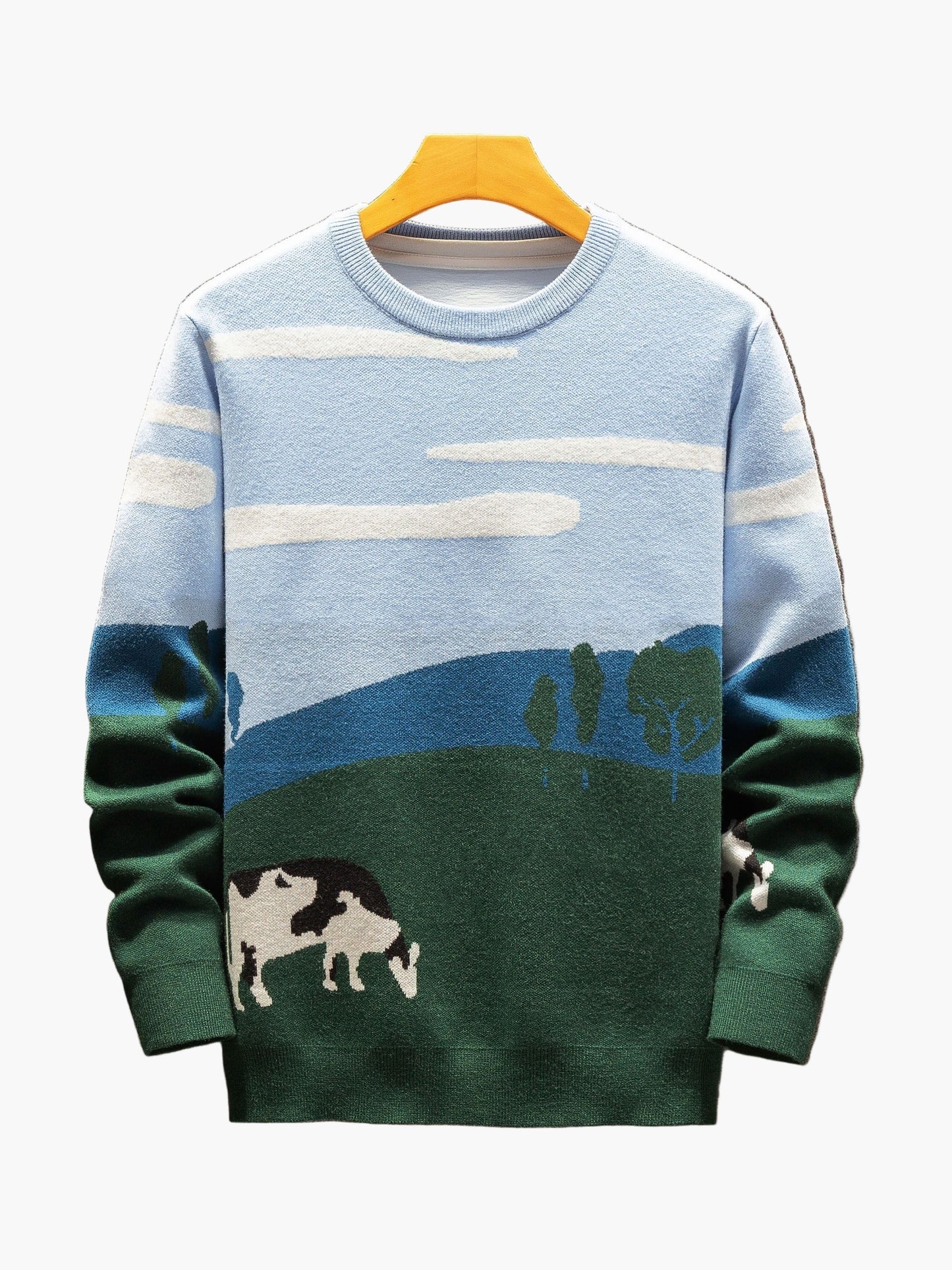 Herren Pullover mit Landschafts- und Kuhmotiv – Casual Strickpullover für Herbst und Winter