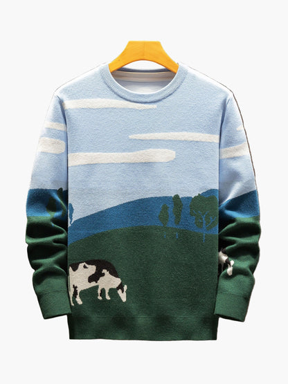 Herren Pullover mit Landschafts- und Kuhmotiv – Casual Strickpullover für Herbst und Winter