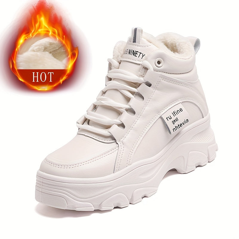 Damen Plateau Sneaker Stiefel Winter Weiß Beige Gefüttert Hoch Profilsohle