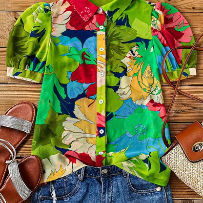 Damen Bluse mit auffälligem Blumenmuster und Puffärmeln – Modische Freizeithemd mit Knopfleiste