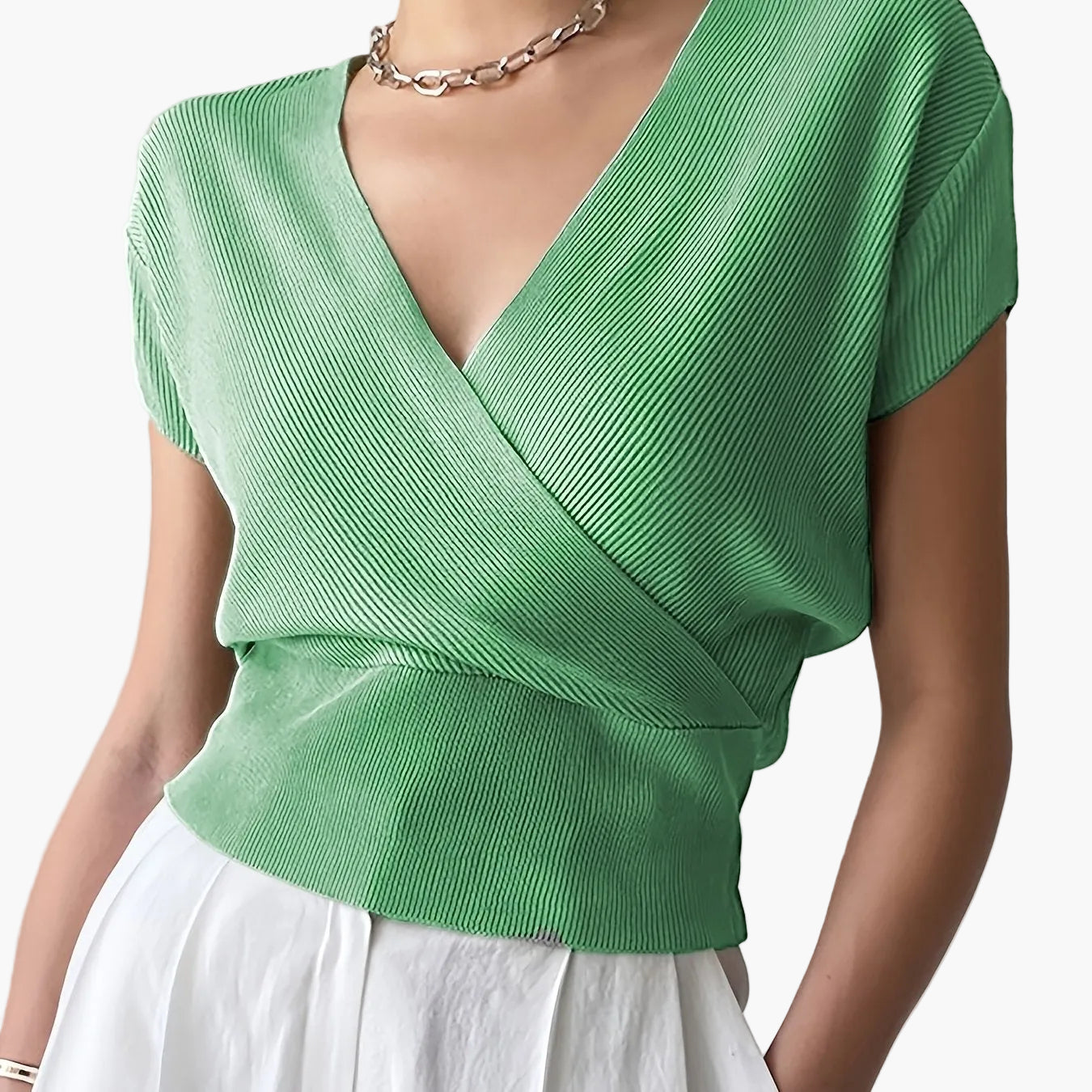 Damen Wickelshirt mit V-Ausschnitt – Eleganter Sommer Pullover Kurzarm für Freizeit & Büro