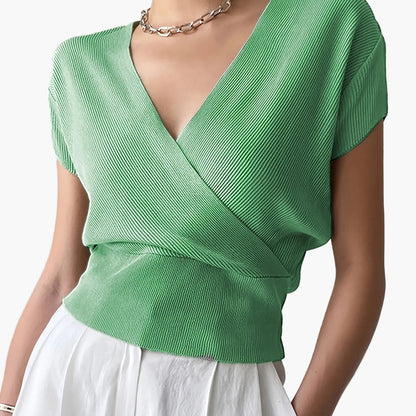 Damen Wickelshirt mit V-Ausschnitt – Eleganter Sommer Pullover Kurzarm für Freizeit & Büro