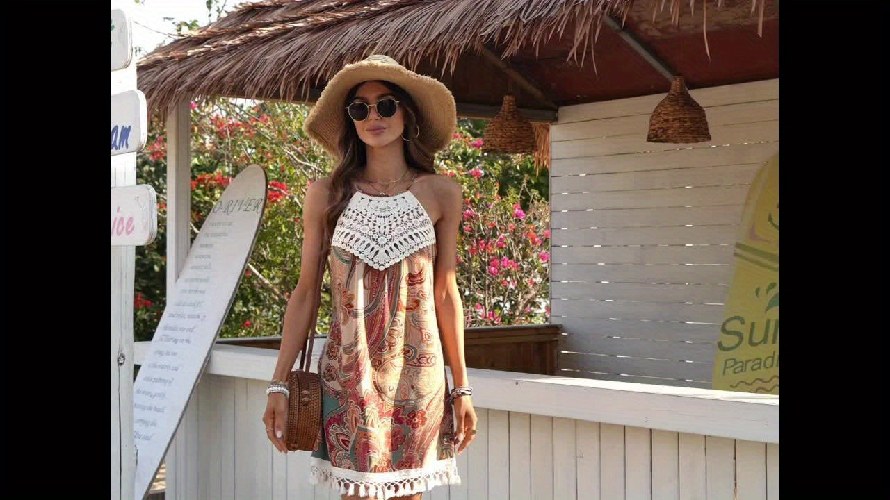 Damen Sommer Tunika Kleid im Boho-Stil mit Häkelspitze – Elegante Freizeitmode