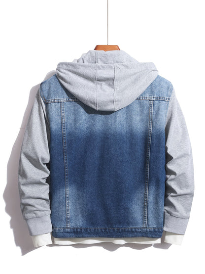 Herren Jeansjacke mit Kapuze Denim und Sweatstoff Ärmel Grau