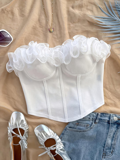 Damen Bustier Top schulterfrei mit Volant und Rüschen – Elegantes Party- und Ausgeh-Oberteil