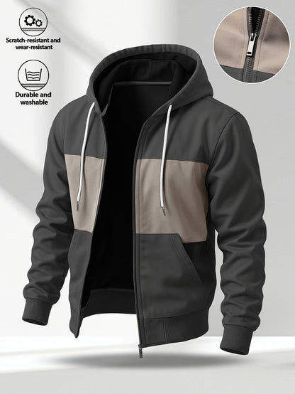 Herren Kapuzenjacke mit Reißverschluss, Farbblock-Design, Taschen, Weiches Material