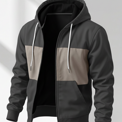 Herren Kapuzenjacke mit Reißverschluss, Farbblock-Design, Taschen, Weiches Material