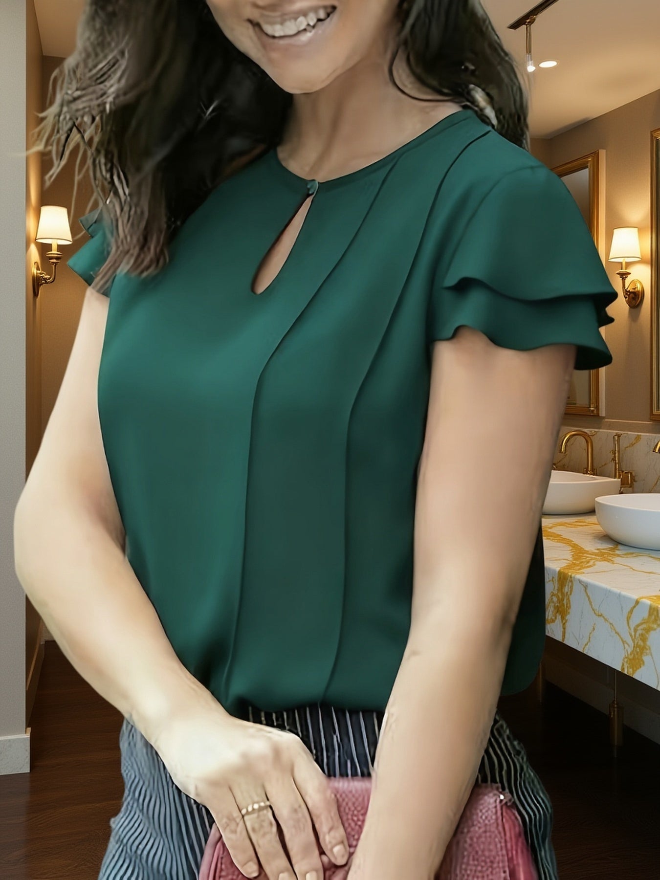 Damen Elegante Bluse mit Volantärmeln und Keyhole-Ausschnitt – Stilvolle Sommermode für Büro und Freizeit