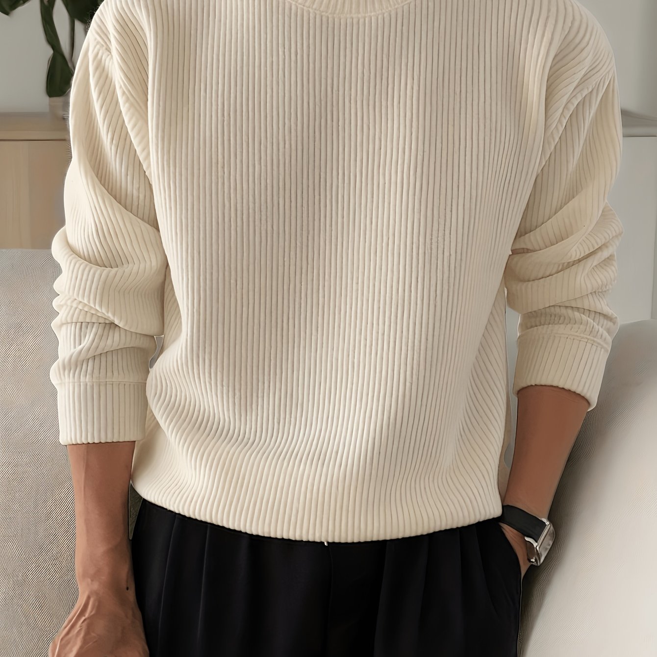 Gerippter Pullover Langarm Rundhalsausschnitt Freizeit Sweater für Herren – Weich & Bequem