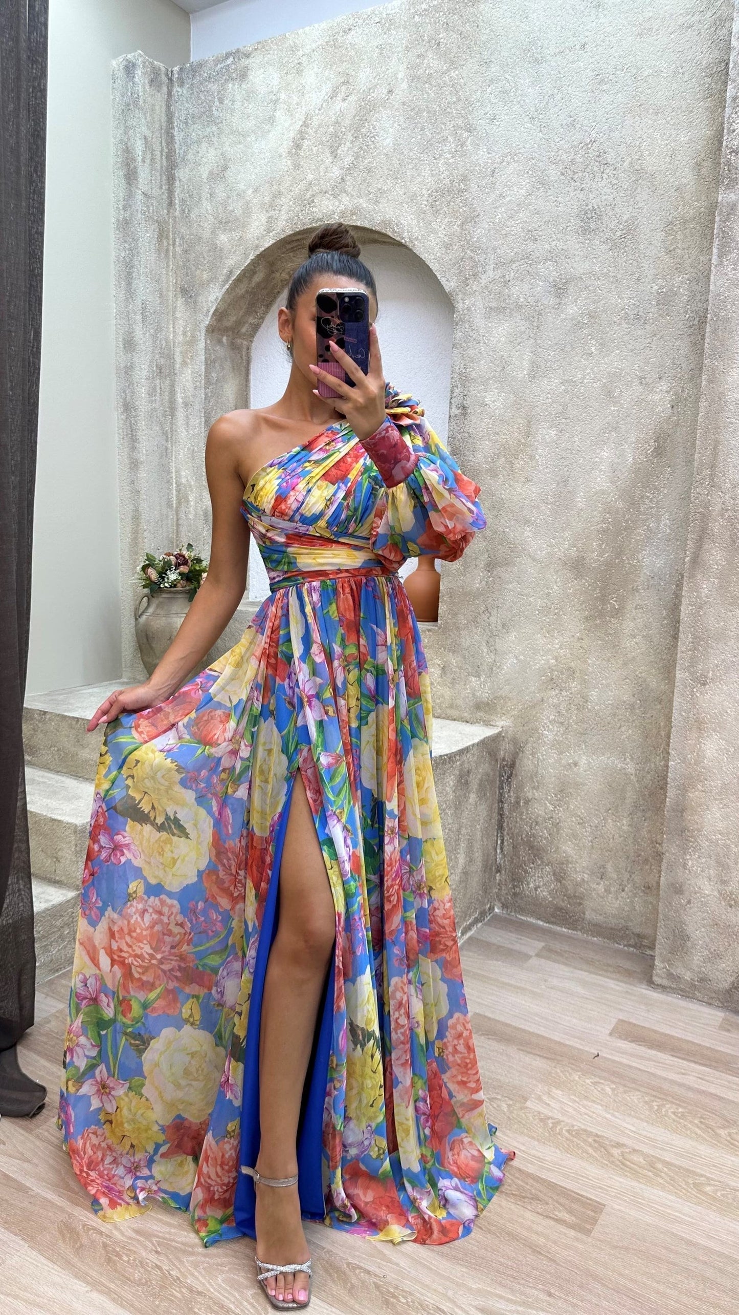 Damen Maxikleid One-Shoulder mit Blumenmuster – Elegantes Sommerkleid für festliche Anlässe