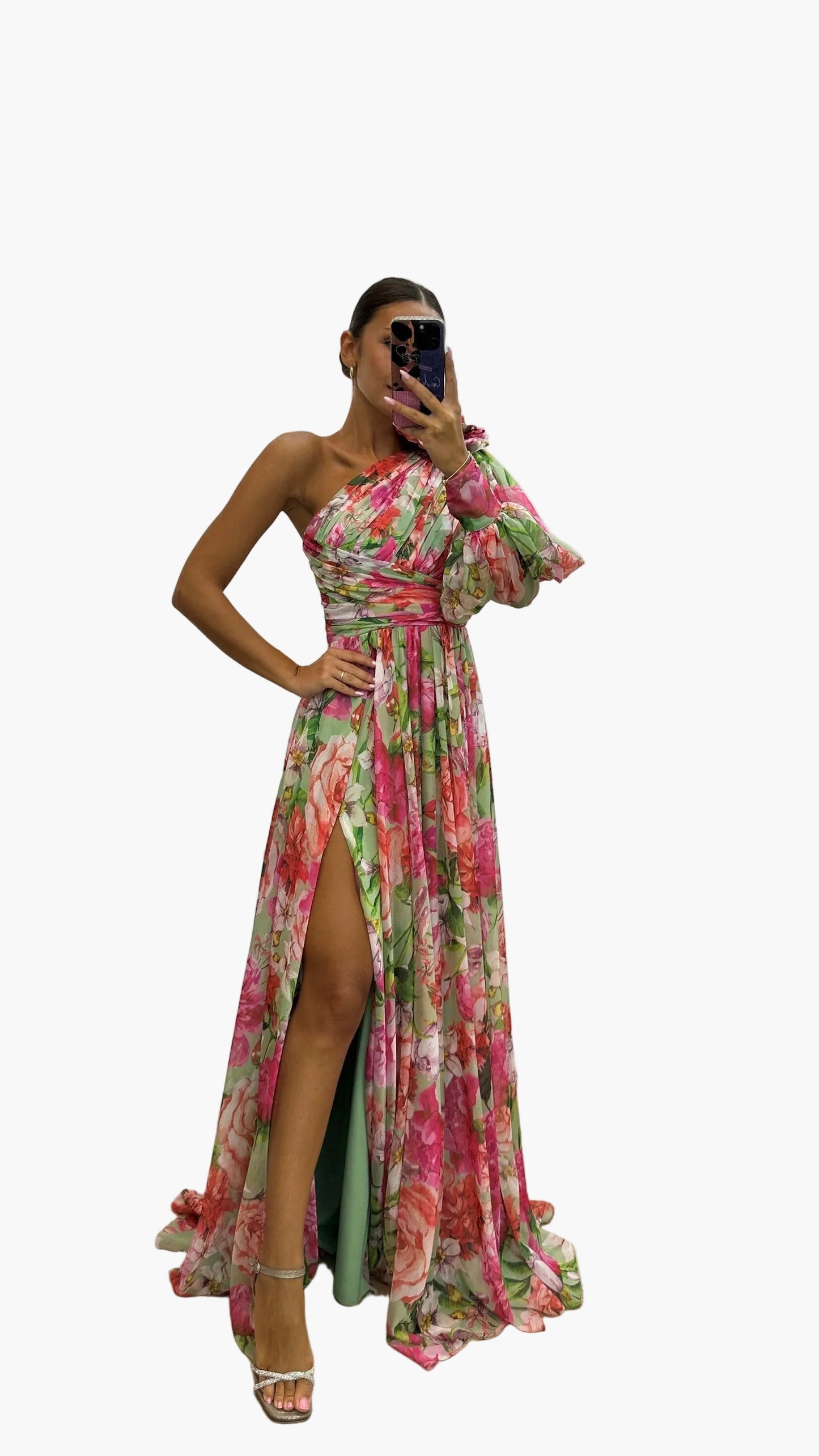 Damen Maxikleid One-Shoulder mit Blumenmuster – Elegantes Sommerkleid für festliche Anlässe