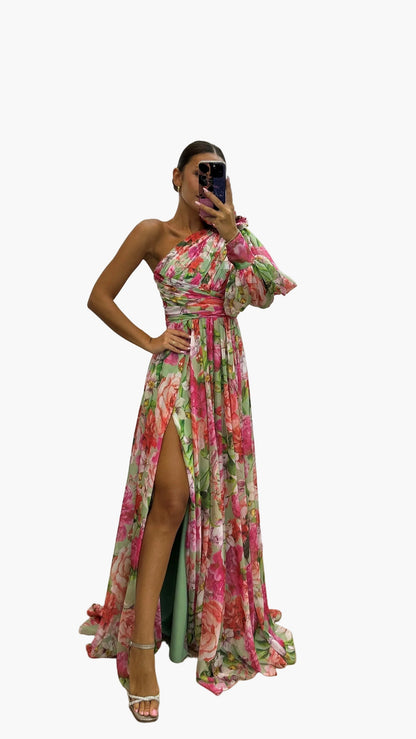 Damen Maxikleid One-Shoulder mit Blumenmuster – Elegantes Sommerkleid für festliche Anlässe