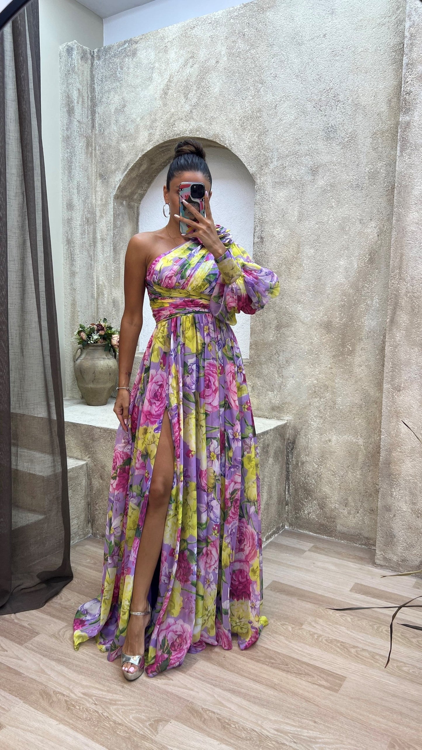 Damen Maxikleid One-Shoulder mit Blumenmuster – Elegantes Sommerkleid für festliche Anlässe