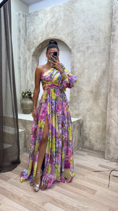 Damen Maxikleid One-Shoulder mit Blumenmuster – Elegantes Sommerkleid für festliche Anlässe