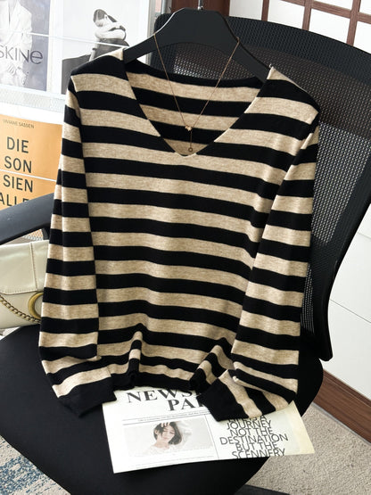 Damen Pullover V-Ausschnitt Gestreift Beige Marineblau Langarm